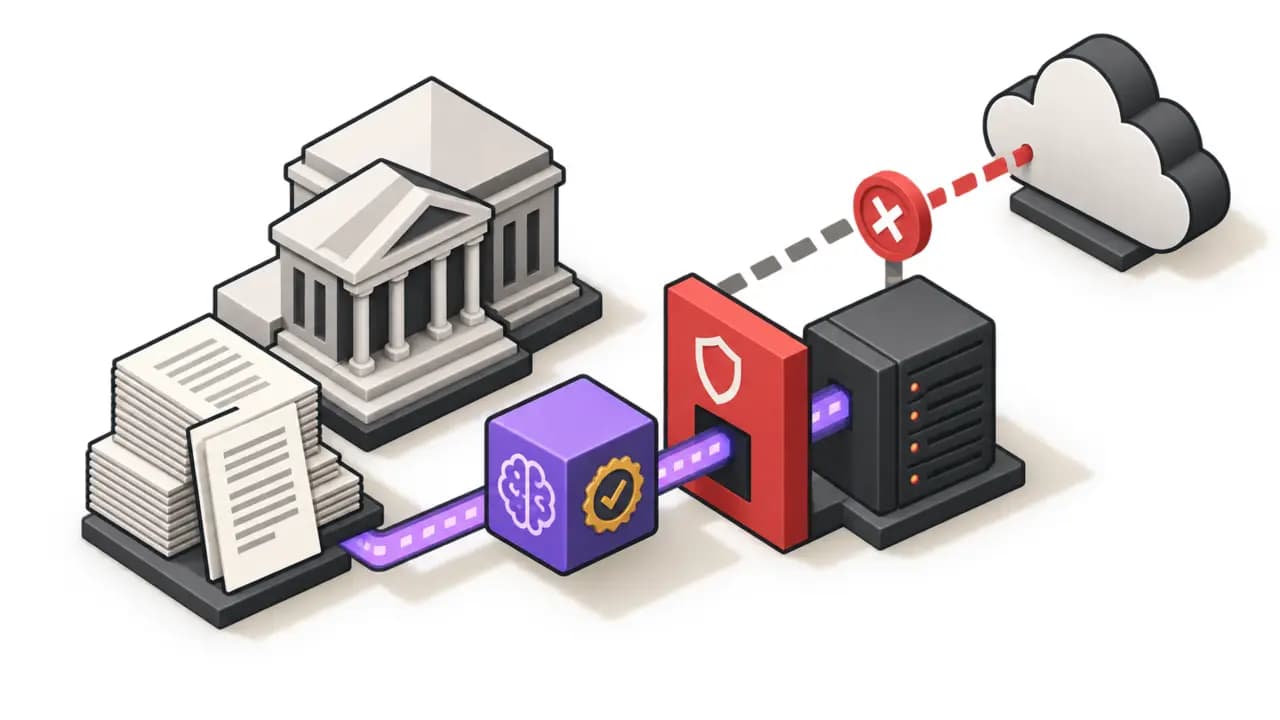 Illustration: public comments pass through a verified violet AI model into a local server, while the external cloud path is blocked.