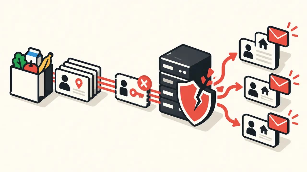 Illustration: stolen customer data passes through an expired employee credential and a broken safeguard into personal extortion messages.