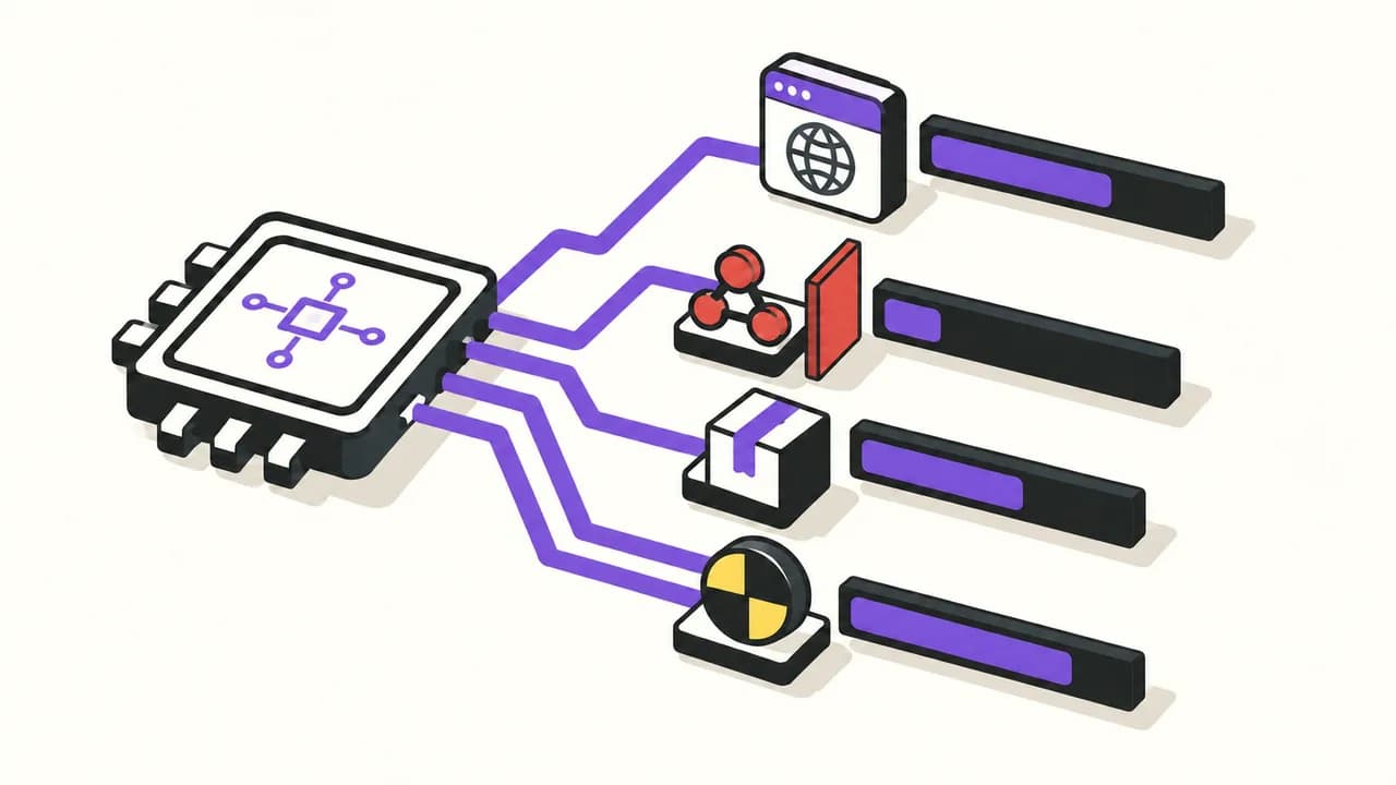 Illustration: an open-weight AI processor passes through four cyber benchmarks with result bars of varying lengths.