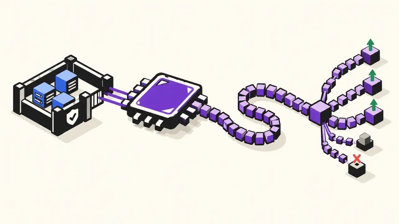 Illustration: a violet AI processor produces a long chain of work blocks behind a gate for selected defenders, splitting into successful and stopped benchmark paths.