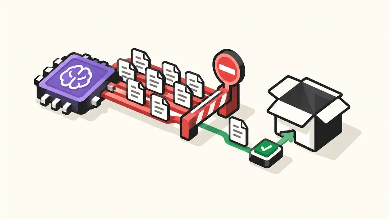 Illustration: many automated vulnerability reports hit a closed security gate while a verified patch reaches a software package by a separate route.