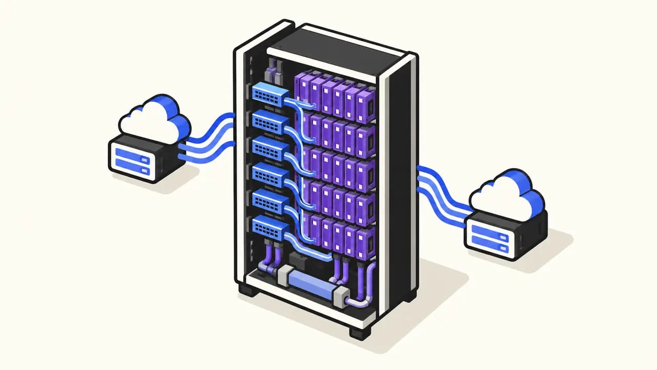 Illustration: a liquid-cooled AI rack connects dense violet accelerator modules through six blue switch trays to two cloud data centres.