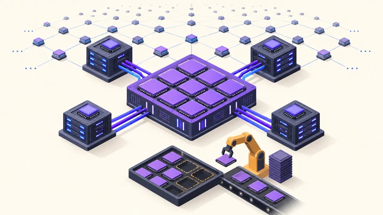 Illustration: a violet AI supernode connects four server blocks and an expanding processor grid, while an incomplete chip supply shows the capacity bottleneck.