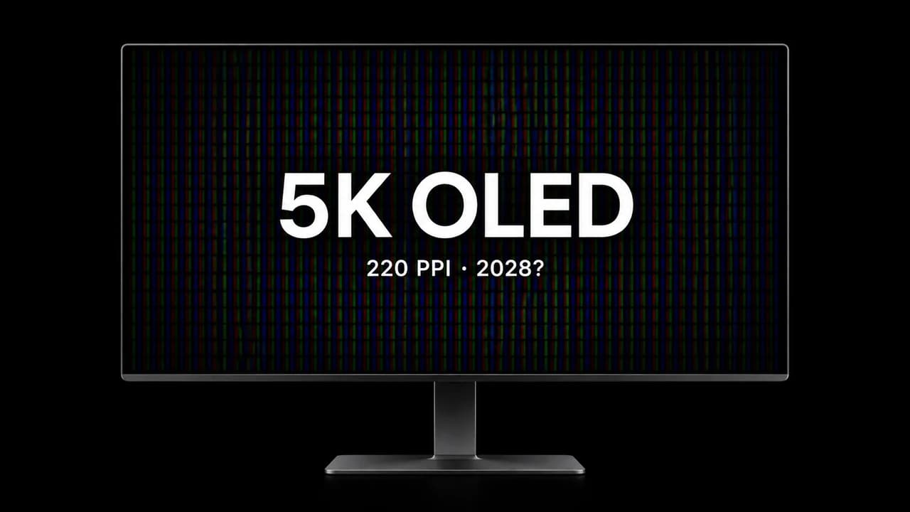 Concept illustration: a thin OLED monitor with an RGB pixel grid on black, labelled 5K OLED, 220 PPI, 2028?