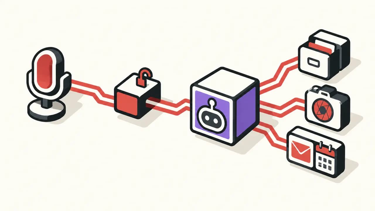 Illustration: a local dictation path is redirected to a violet AI agent that reaches files, the camera, messages and calendars.