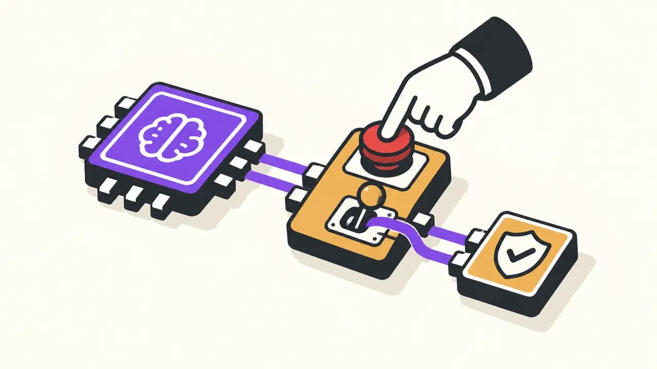 Illustration: a hand presses a shutdown button between a violet AI processor and an amber safety control.
