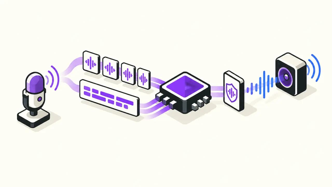Illustration: speech flows from a microphone through provisional and stable transcripts into a violet AI processor and through a guarded voice gate to a speaker.