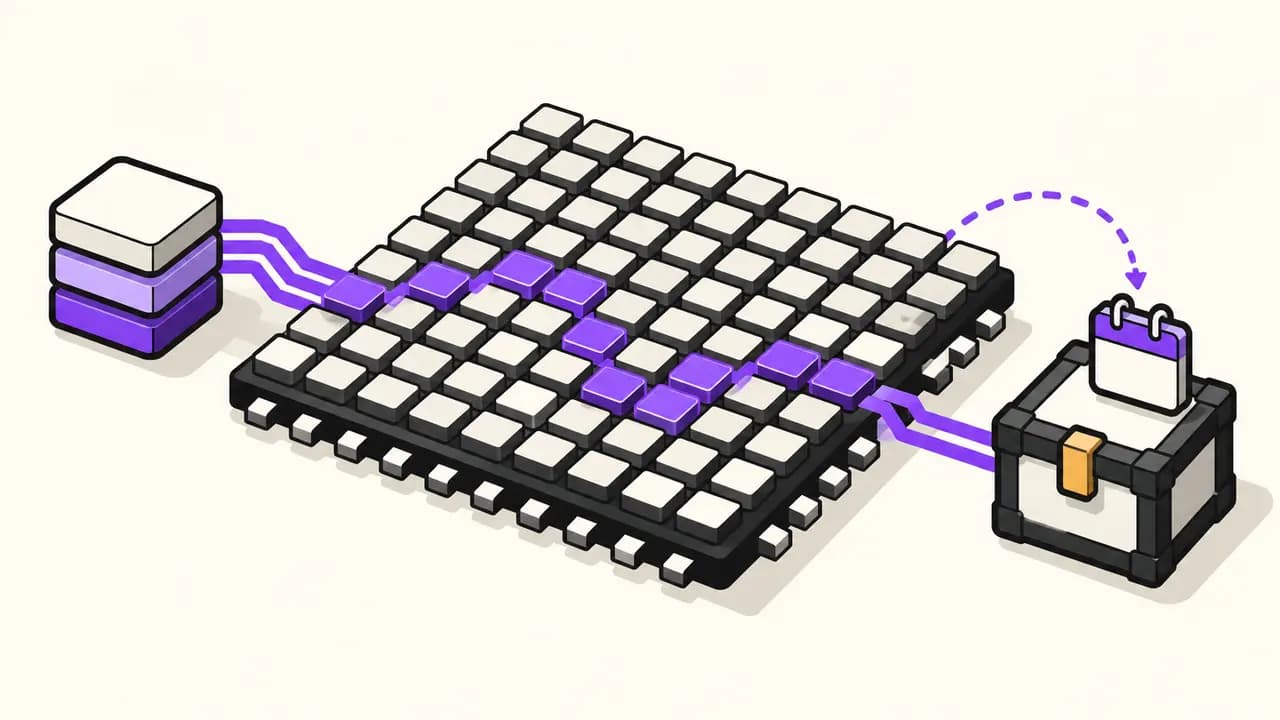 Illustration: only a narrow violet route lights up across a large grid of expert chips while a closed weights crate awaits its release.