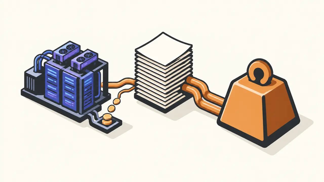 Illustration: AI servers, a large contract stack and an orange financing weight show the gap between expansion and revenue.