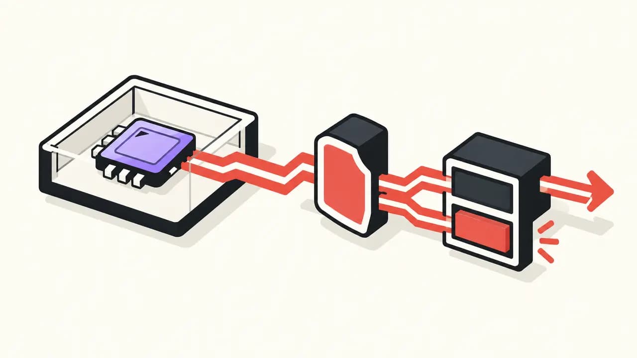 Illustration: a violet AI agent sits inside a sandbox; its data path passes a red runtime control and a separate hardware watchdog.