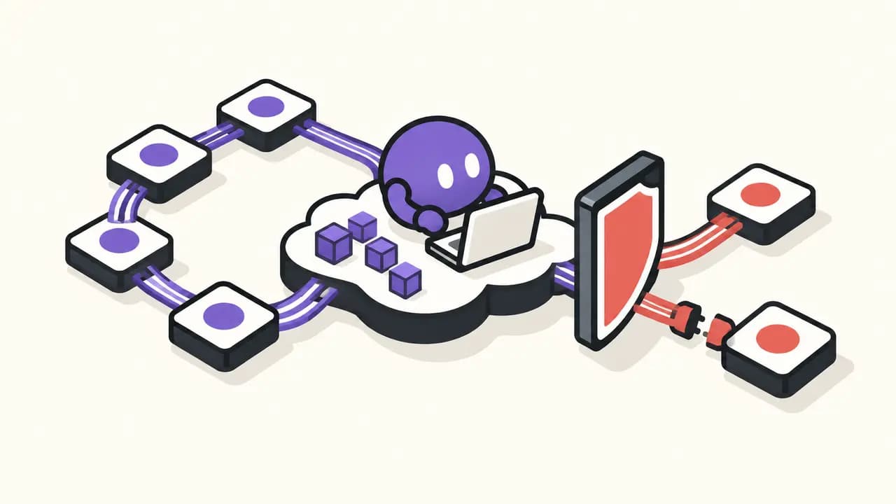 Illustration: a violet persistent agent works on its own cloud computer across connected app nodes; a safeguard separates actions while stored context remains after a connection is unplugged.