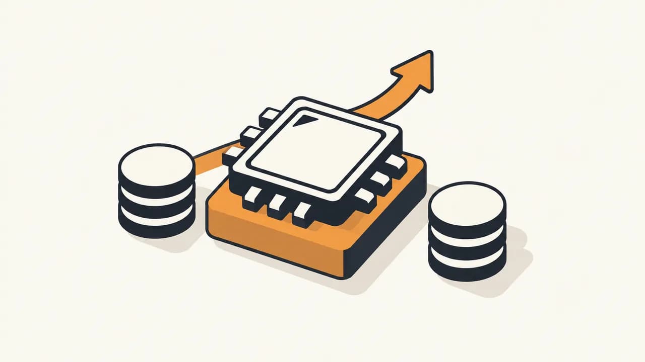 Illustration: an AI processor on an orange pedestal between stacks of coins.