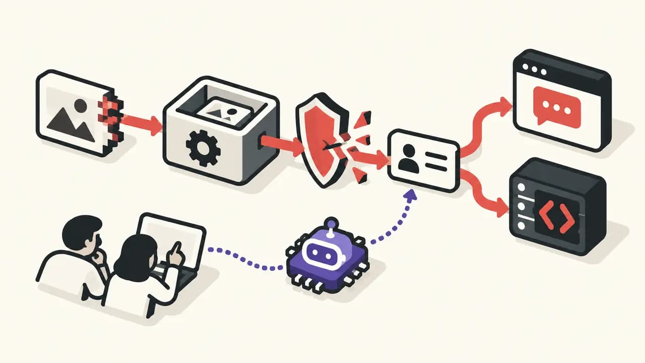 Illustration: a malformed image breaks through an image processor's protection; SSO branches to chat and a code repository, guided by researchers and an AI assistant.