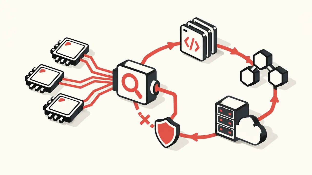 Illustration: three AI processors continuously test code, API nodes and cloud servers while a red safeguard blocks an attack path.