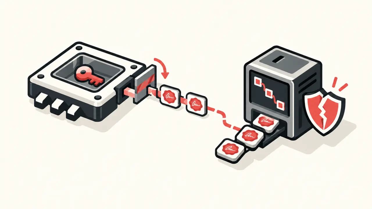 Illustration: a sealed HSM releases signature queries through a gate while a separate computer subsequently produces more forged signatures.