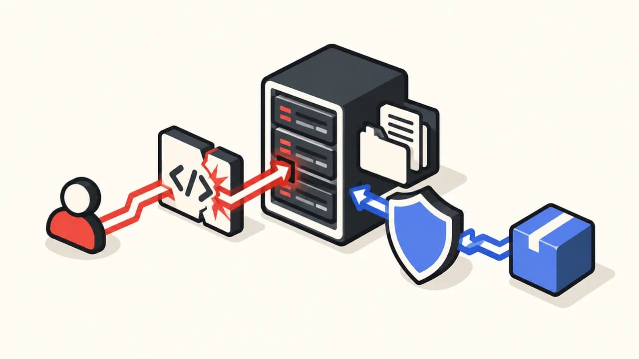 Illustration: a red attack path breaks through a SharePoint server code check while a blue update and shield secure a second path.
