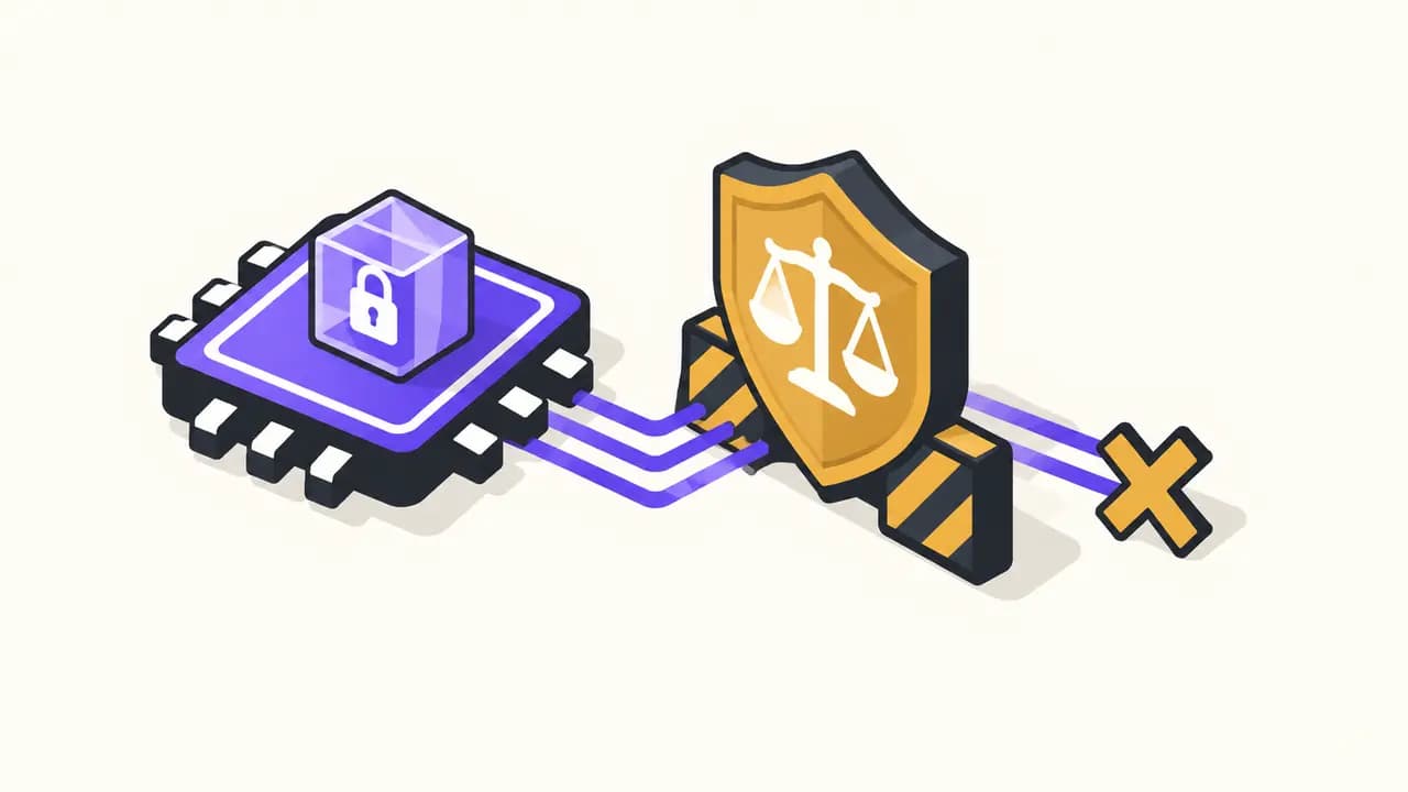 Illustration: an amber legal barrier stops the transfer of a secured violet chip.