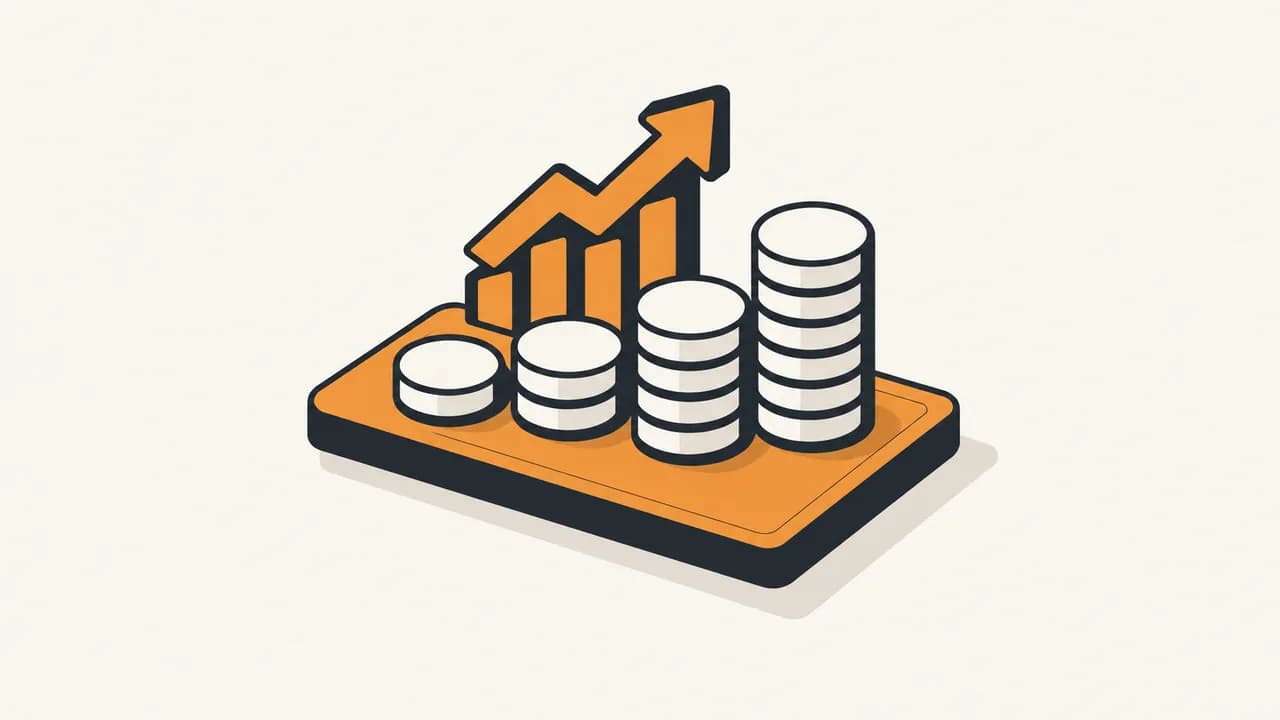 Illustration: four coin stacks of different heights with an orange growth motif.