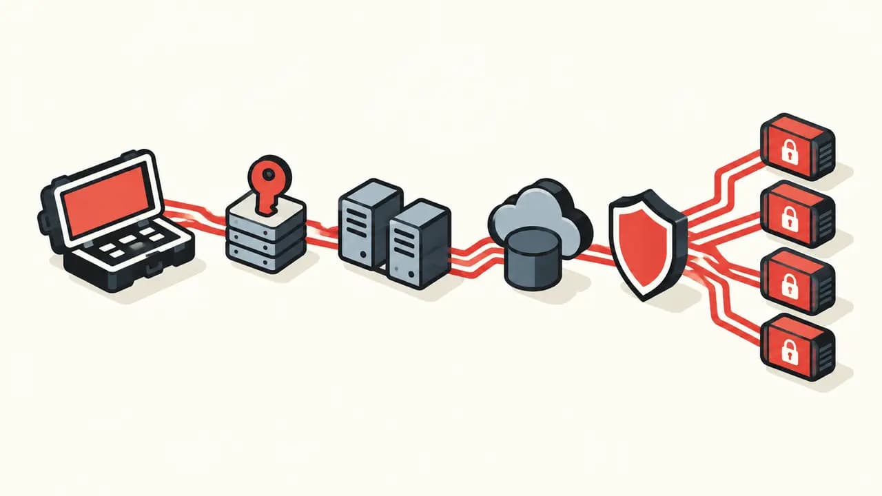 Illustration: a recurring attack chain runs through remote access, credentials, servers and cloud storage to four interchangeable ransomware payloads.