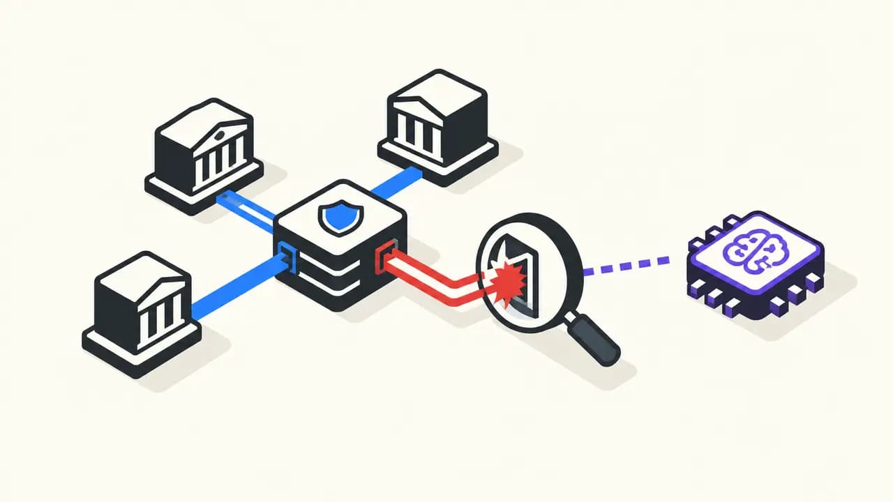 Illustration: three banks connect to a protected transaction hub; a red attack path is inspected while its link to a violet AI processor remains unresolved.