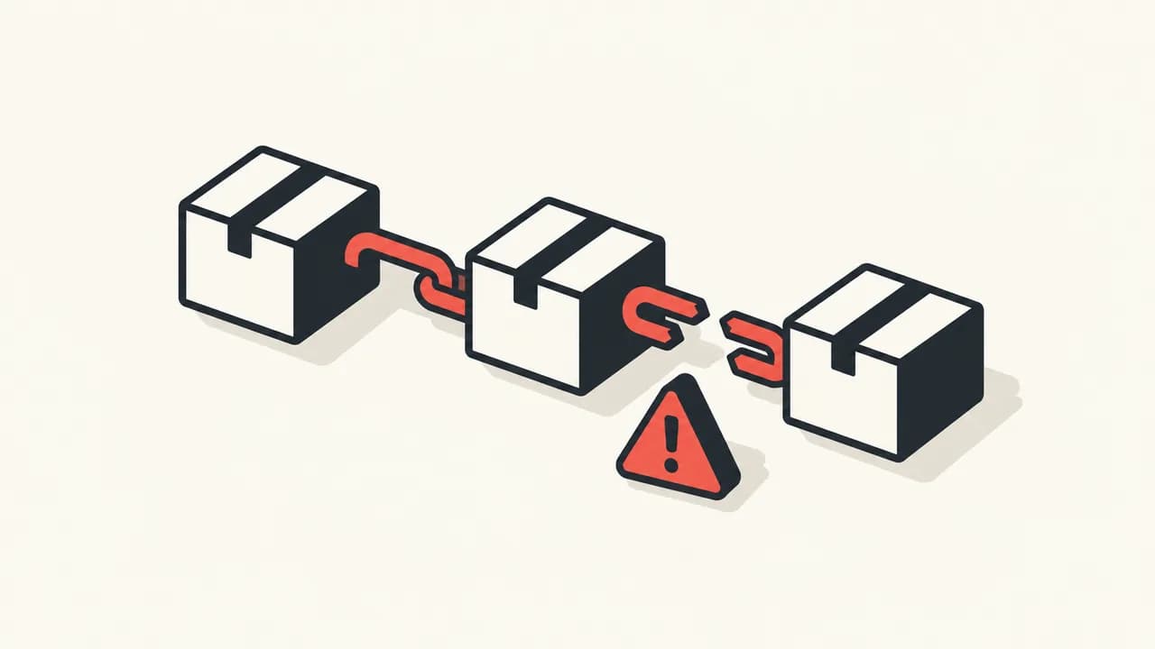 Illustration: three software packages with a broken red connection and a warning symbol.