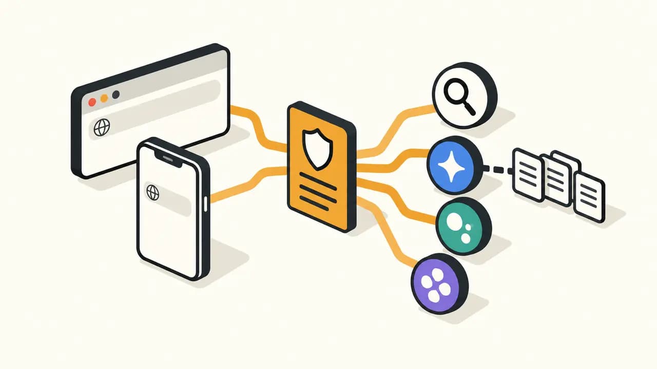 Illustration: a browser and smartphone branch through a regulatory checkpoint to classic search and several AI assistants with source cards.