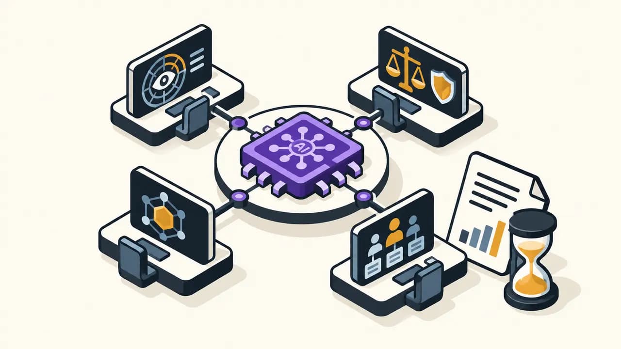 Illustration: four government workstations coordinate around a violet AI processor, with a report and hourglass marking the timed review.