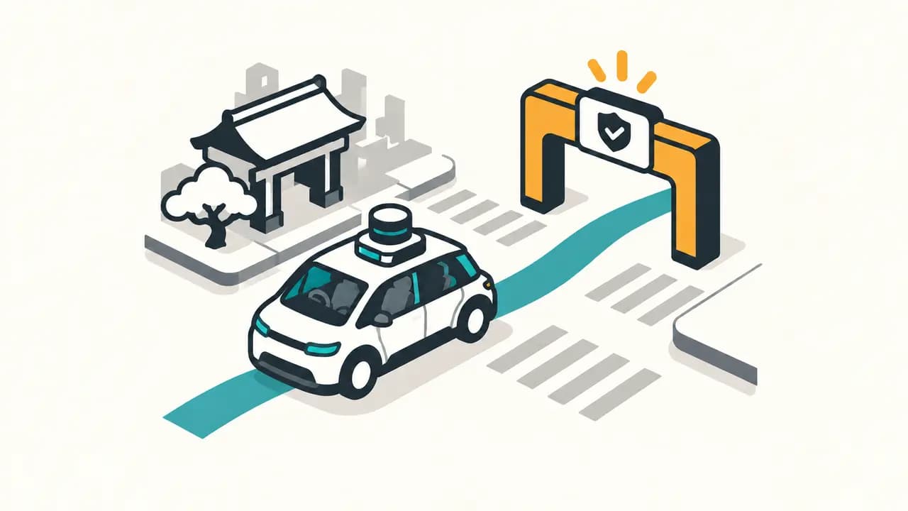 Illustration: a driverless taxi with a roof sensor follows a petrol-coloured route through a Tokyo intersection towards an amber approval gate.