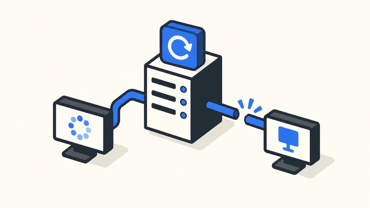 Concept illustration: a server with an update symbol, a waiting remote desktop and a broken connection to a second screen.