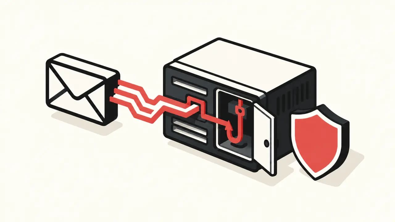 Illustration: a crafted email follows a red command path into an open maintenance panel on a mail server and leaves a persistence hook inside.